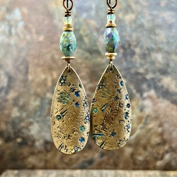 Fern Bronze Earrings, Coral Fossil Texture, Teardrop Shield, Large Statement Earrings, Verdigris Patina, Czech Glass Beads, Hypoallergenic