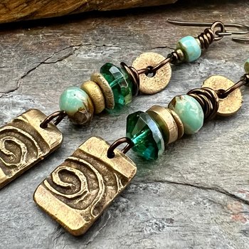 Bronze Spiral Dangle Earrings, Stacked Cairns, Czech Glass, Hypoallergenic Ear Wires, Earthy, Arty Mismatched Earrings, Bronze & Aqua