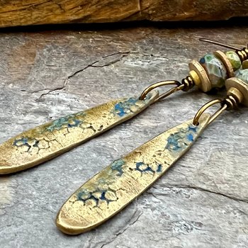 Bronze Dangle, Teardrop Earrings, Coral Fossil Texture, Czech Glass Beads, Bronze and Blue, Hypoallergenic Niobium Ear Wires, Earthy Arty