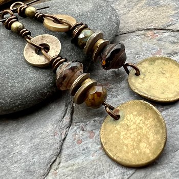 Bronze Disc Dangle Earrings, Stacked Cairns, Czech Glass, Hypoallergenic Ear Wires, Earthy Primitive, Arty Mismatched Earrings, Handmade