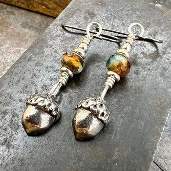 Acorn Sterling Silver Earrings, Hypoallergenic, Niobium Ear Wires, Czech Glass, Oak Tree Jewelry, Tiny Acorns, Druid, Earthy Woodland Gifts