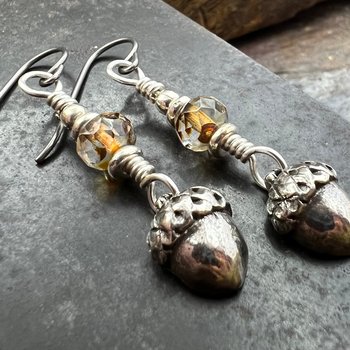 Acorn Sterling Silver Earrings, Hypoallergenic, Niobium Ear Wires, Czech Glass, Oak Tree Jewelry, Tiny Acorns, Druid, Earthy Woodland Gifts