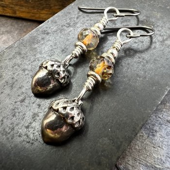 Acorn Sterling Silver Earrings, Hypoallergenic, Niobium Ear Wires, Czech Glass, Oak Tree Jewelry, Tiny Acorns, Druid, Earthy Woodland Gifts