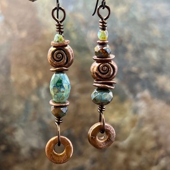 Stacked Cairn Earrings, Copper Hoops, Czech Glass Beads, Hypoallergenic Ear Wires, Earthy Primitive, Arty Mismatched Earrings, Copper & Aqua