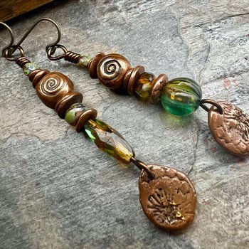 Stacked Cairn Earrings, Copper Spirals, Coral Fossil Texture, Czech Glass Beads, Hypoallergenic Ear Wires, Earthy Primitive, Arty Mismatched