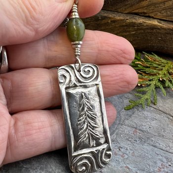 Pine Tree Pendant, Sterling Silver, Connemara Marble, Evergreen Necklace, Pine Cedar Fir, Irish Celtic Spirals, Tree Branches, Handmade Art