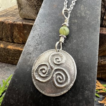 Sterling Silver Triskele Pendant, Triskelion Triple Spiral, Connemara Marble, Irish Celtic Jewelry, Pagan Art, Leather & Vegan Cords, Chains