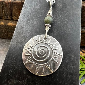 Celtic Sun Spiral, Sterling Silver Charm, Connemara Marble, Irish Celtic Jewelry, Domed Sun Necklace, Leather & Vegan Cords, Handmade Art