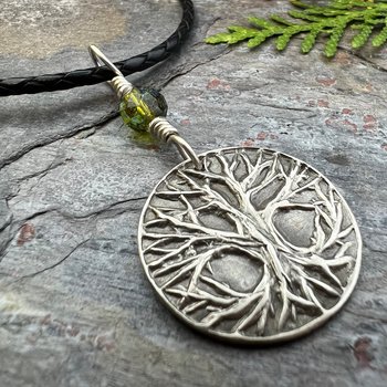 Celtic Tree of Life Pendant, Sterling Silver, Green Czech Glass, Sacred Celtic Tree, Irish Celtic Spirals, Druid Dryad, Crann Bethadh, Witch