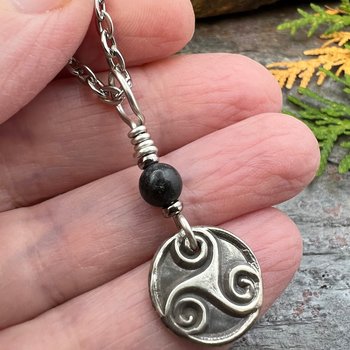 Triskele, Sterling Silver, Wax Seal Charm, Kilkenny Black Marble, Irish Celtic Jewelry, Pagan Art, Leather & Vegan Cords, Stainless Chains