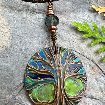 Tree of Life Pendant, Colorful Patina, Czech Glass Bead, Hand Carved, Irish Celtic Spirals, Celtic Witch Goddess, Ancient Earthy Jewelry