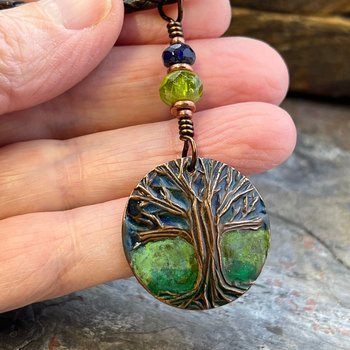 Tree of Life Pendant, Colorful Patina, Czech Glass Bead, Hand Carved, Irish Celtic Spirals, Celtic Witch Goddess, Ancient Earthy Jewelry