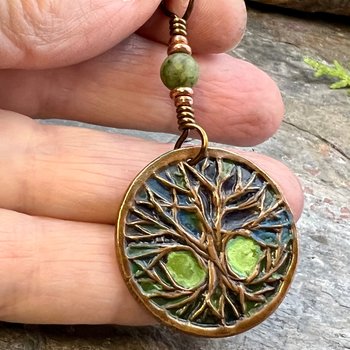 Celtic Tree of Life, Copper Pendant, Colorful Patina, Connemara Marble, Irish Celtic Spirals, Celtic Witch Goddess, Boho, Earthy Art Jewelry