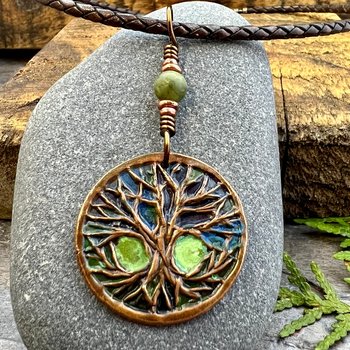 Celtic Tree of Life, Copper Pendant, Colorful Patina, Connemara Marble, Irish Celtic Spirals, Celtic Witch Goddess, Boho, Earthy Art Jewelry