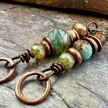 Stacked Cairn Earrings, Copper Hoops, Czech Glass Beads, Hypoallergenic Ear Wires, Earthy Primitive, Arty Mismatched Earrings, Copper & Aqua