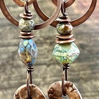 Copper Hoop & Donut Earrings, Stacked Cairns, Fossil Texture, Czech Glass Beads, Hypoallergenic Ear Wires, Earthy, Arty Mismatched Earrings