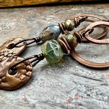 Copper Hoop & Donut Earrings, Stacked Cairns, Fossil Texture, Czech Glass Beads, Hypoallergenic Ear Wires, Earthy, Arty Mismatched Earrings