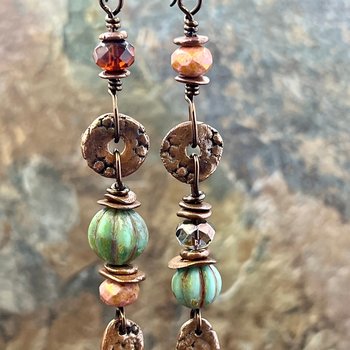 Long Dangle Copper Earrings, Stacked Cairns, Fossil Texture, Czech Glass Beads, Hypoallergenic Ear Wires, Earthy, Arty Mismatched Earrings