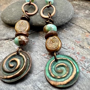 Copper Patina Spiral Earrings, Stacked Cairns, Spiral Beads, Czech Glass Beads, Hypoallergenic Ear Wires, Earthy, Arty Mismatched Earrings