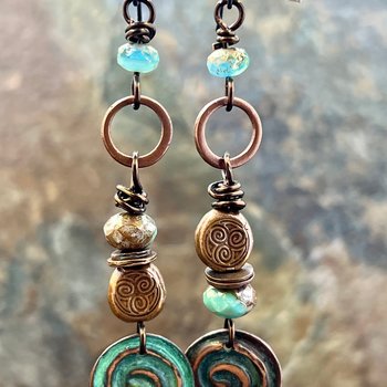 Copper Patina Spiral Earrings, Stacked Cairns, Spiral Beads, Czech Glass Beads, Hypoallergenic Ear Wires, Earthy, Arty Mismatched Earrings