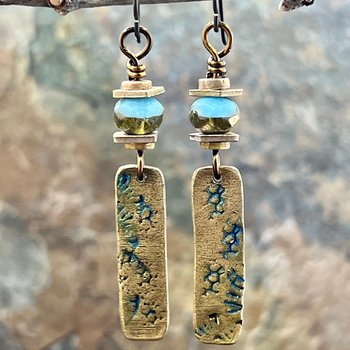 Bronze Dangle Drop Earrings, Coral Fossil Texture, Czech Glass Beads, Bronze and Blue, Hypoallergenic Niobium Ear Wires, Earthy Primitive