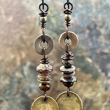 Bronze Disc Dangle Earrings, Stacked Cairns, Czech Glass, Hypoallergenic Ear Wires, Earthy Primitive, Arty Mismatched Earrings, Handmade