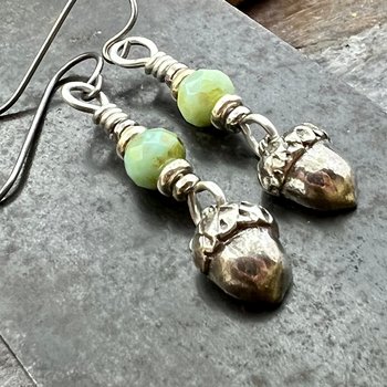 Acorn Sterling Silver Earrings, Hypoallergenic, Niobium Ear Wires, Czech Glass, Oak Tree Jewelry, Tiny Acorns, Druid, Earthy Woodland Gifts