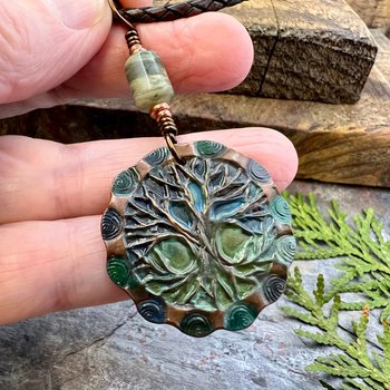 Tree of Life Pendant, Copper Colorful Patina, Connemara Marble, Hand Carved, Irish Celtic Spirals, Celtic Witch Goddess, Ancient Earthy Art