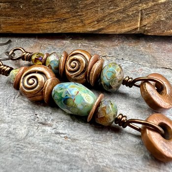Stacked Cairn Earrings, Copper Hoops, Czech Glass Beads, Hypoallergenic Ear Wires, Earthy Primitive, Arty Mismatched Earrings, Copper & Aqua