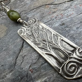 Two Trees Pendant, Sterling Silver, Connemara Marble, Long Skinny Tree Necklace, Intertwined Trees, Irish Celtic Spirals, Tree Branches