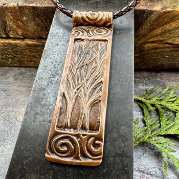Two Trees Copper Pendant, Irish Celtic Spirals, Hand Carved, Intertwined in Love, 7th Anniversary, Leather & Vegan Cords, Long Tree Necklace