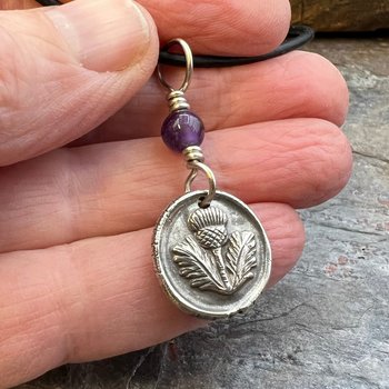 Thistle of Scotland, Sterling Silver, Wax Seal Charm, Scottish Jewelry, Highlander, Scottish Thistle, Amethyst, Outlander Gift, Spirals