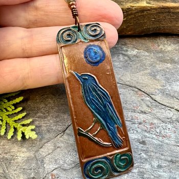 Raven Full Moon, Copper Pendant, Celtic Spirals, Colorful Patina, Czech Glass, Leather & Vegan Cords, Handmade Art Jewelry, Pagan Witch Gift