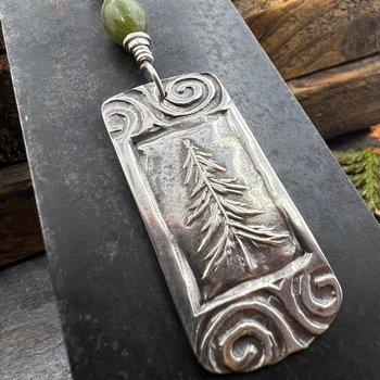 Pine Tree Pendant, Sterling Silver, Connemara Marble, Evergreen Necklace, Pine Cedar Fir, Irish Celtic Spirals, Tree Branches, Handmade Art