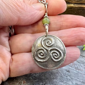 Sterling Silver Triskele Pendant, Triskelion Triple Spiral, Connemara Marble, Irish Celtic Jewelry, Pagan Art, Leather & Vegan Cords, Chains