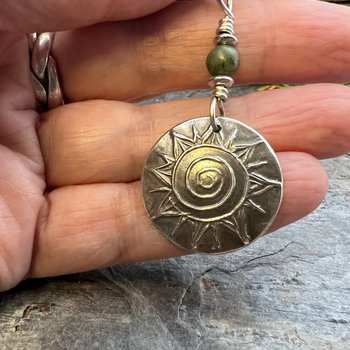 Celtic Sun Spiral, Sterling Silver Charm, Connemara Marble, Irish Celtic Jewelry, Domed Sun Necklace, Leather & Vegan Cords, Handmade Art
