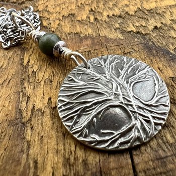 Celtic Tree of Life, Sterling Silver Charm, Connemara Marble, Irish Celtic Jewelry, Domed Sun Necklace, Leather & Vegan Cords, Handmade Art