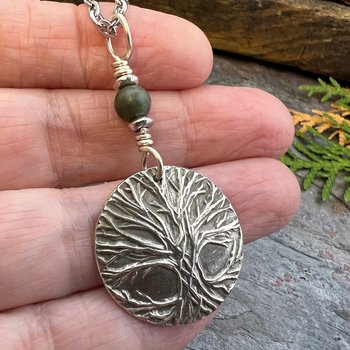 Celtic Tree of Life, Sterling Silver Charm, Connemara Marble, Irish Celtic Jewelry, Domed Sun Necklace, Leather & Vegan Cords, Handmade Art