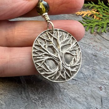 Celtic Tree of Life Pendant, Sterling Silver, Green Czech Glass, Sacred Celtic Tree, Irish Celtic Spirals, Druid Dryad, Crann Bethadh, Witch