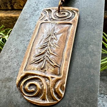 Pine Tree, Copper Pendant, Celtic Spirals, Connemara Marble, Evergreen Trees, Earthy Rustic Art Jewelry, Hand Carved, Tree of Life, Pagan
