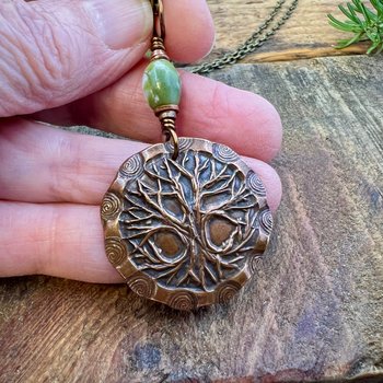 Celtic Tree of Life, Copper Pendant, Connemara Marble, Irish Celtic Jewelry, Crann Bethadh, 7th Wedding Anniversary, Hand Carved Art Jewelry