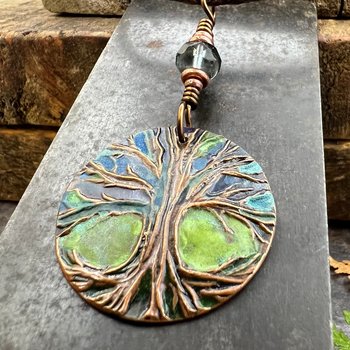 Tree of Life Pendant, Colorful Patina, Czech Glass Bead, Hand Carved, Irish Celtic Spirals, Celtic Witch Goddess, Ancient Earthy Jewelry