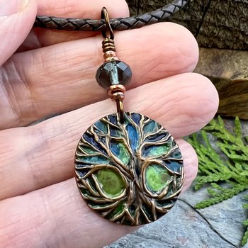 Celtic Tree of Life, Copper Pendant, Colorful Patina, Czech Glass, Irish Celtic Spirals, Celtic Witch Goddess, Earthy Rustic Art Jewelry