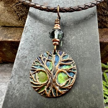 Celtic Tree of Life, Copper Pendant, Colorful Patina, Czech Glass, Irish Celtic Spirals, Celtic Witch Goddess, Earthy Rustic Art Jewelry