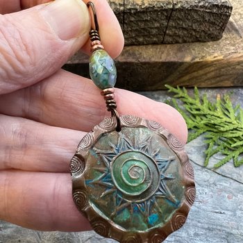 Celtic Sun Spiral Necklace, Copper Charm, Irish Celtic Spirals, Patina Colors, Czech Glass, Leather & Vegan Cords, Earthy Rustic Art Jewelry