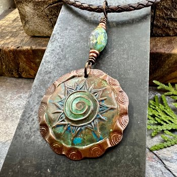 Celtic Sun Spiral Necklace, Copper Charm, Irish Celtic Spirals, Patina Colors, Czech Glass, Leather & Vegan Cords, Earthy Rustic Art Jewelry