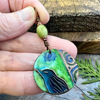 Copper Raven Pendant, Colorful Patina, Connemara Marble, Hand Carved, Irish Celtic Spirals, Celtic Witch Goddess, Ancient Earthy Jewelry