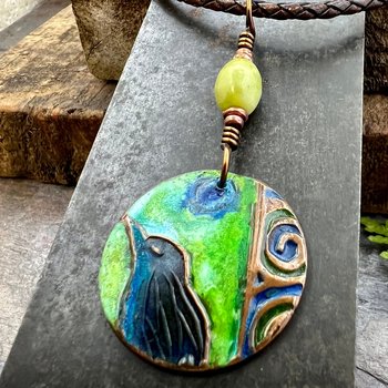 Copper Raven Pendant, Colorful Patina, Connemara Marble, Hand Carved, Irish Celtic Spirals, Celtic Witch Goddess, Ancient Earthy Jewelry