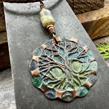 Tree of Life Pendant, Copper Colorful Patina, Connemara Marble, Hand Carved, Irish Celtic Spirals, Celtic Witch Goddess, Ancient Earthy Art