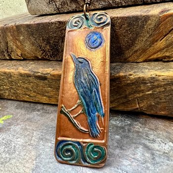 Raven Full Moon, Copper Pendant, Celtic Spirals, Colorful Patina, Czech Glass, Leather & Vegan Cords, Handmade Art Jewelry, Pagan Witch Gift